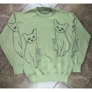 Lime‎ Green Drop Shoulder Sweater Cat Pattern Shein Large